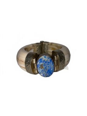1970 Vintage Carved Bone Cuff Bracelet w/ Lapis Middle Stone